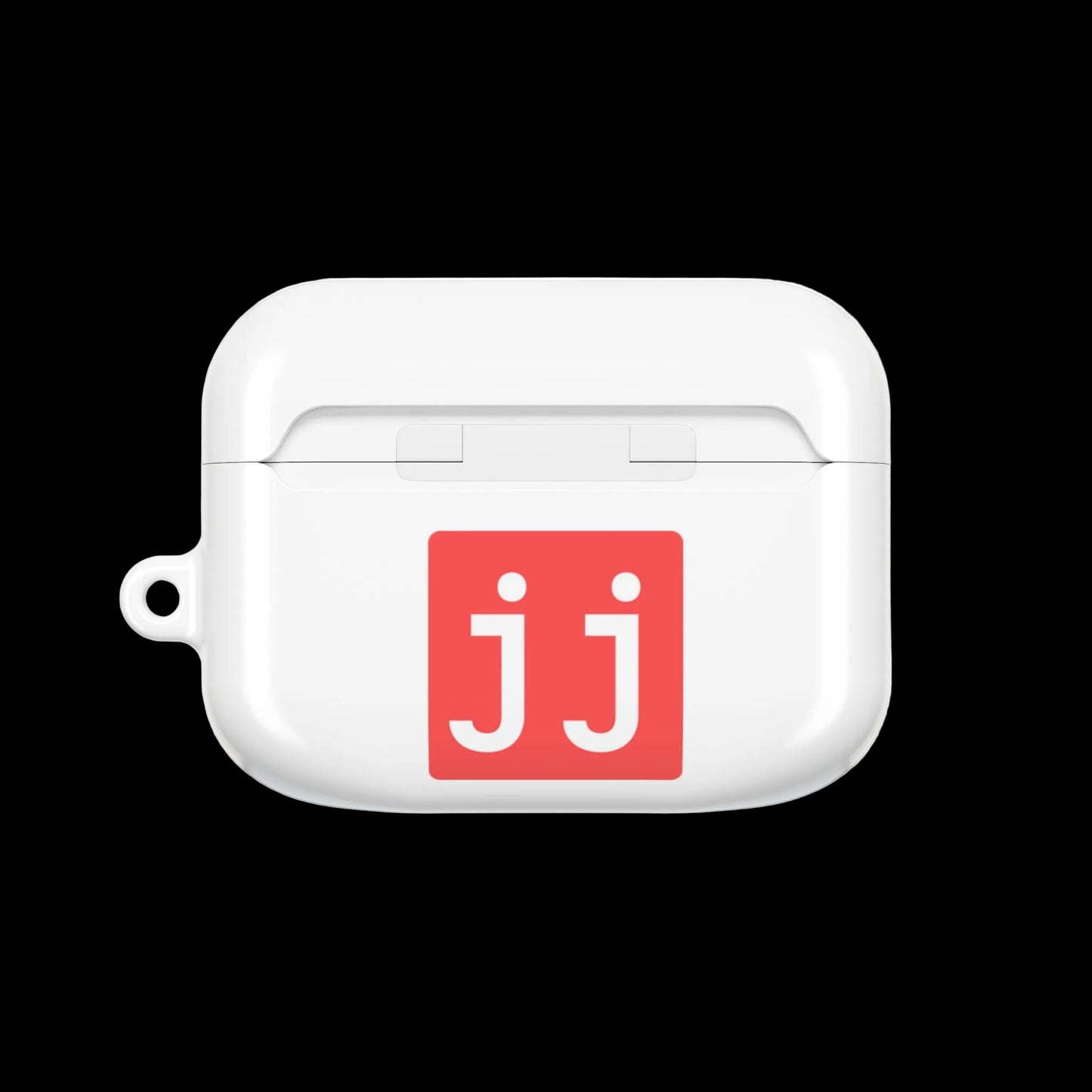 Jargon Junkie white AirPods Pro Gen1 case back view with JJ logo corporate humor design