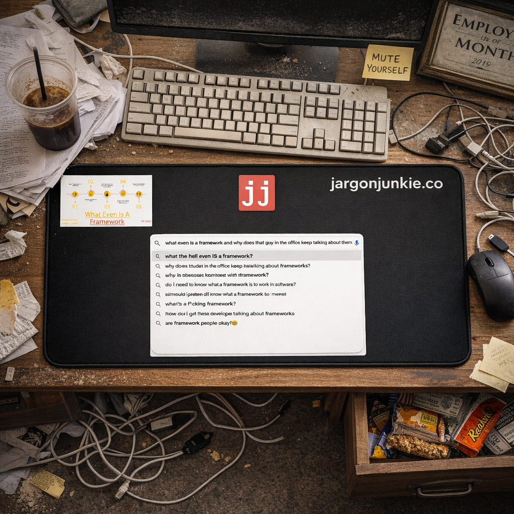 Jargon Junkie black desk mat with framework questions checklist top view on cluttered desk corporate humor desk accessory