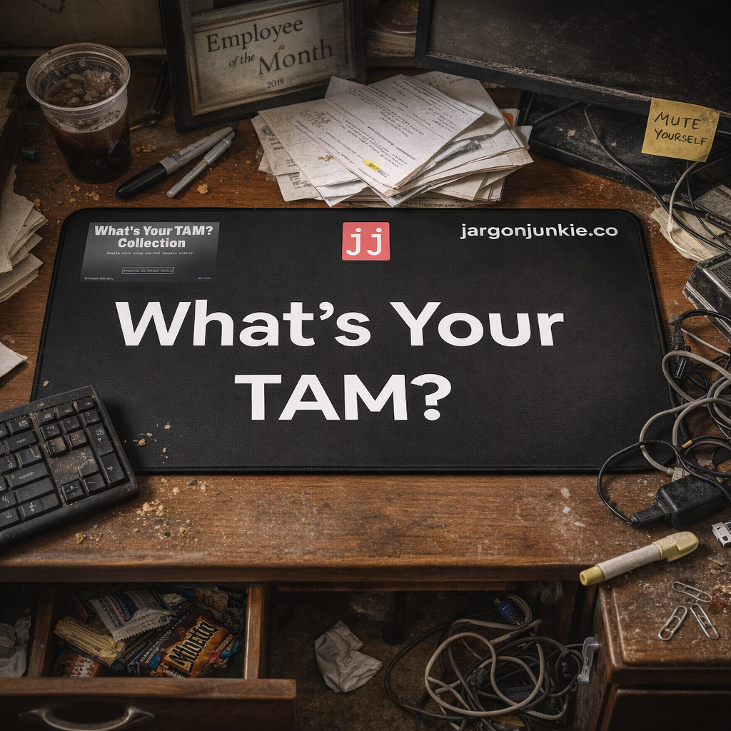 Jargon Junkie black desk mat with What's Your TAM? text top view on cluttered desk corporate humor desk accessory