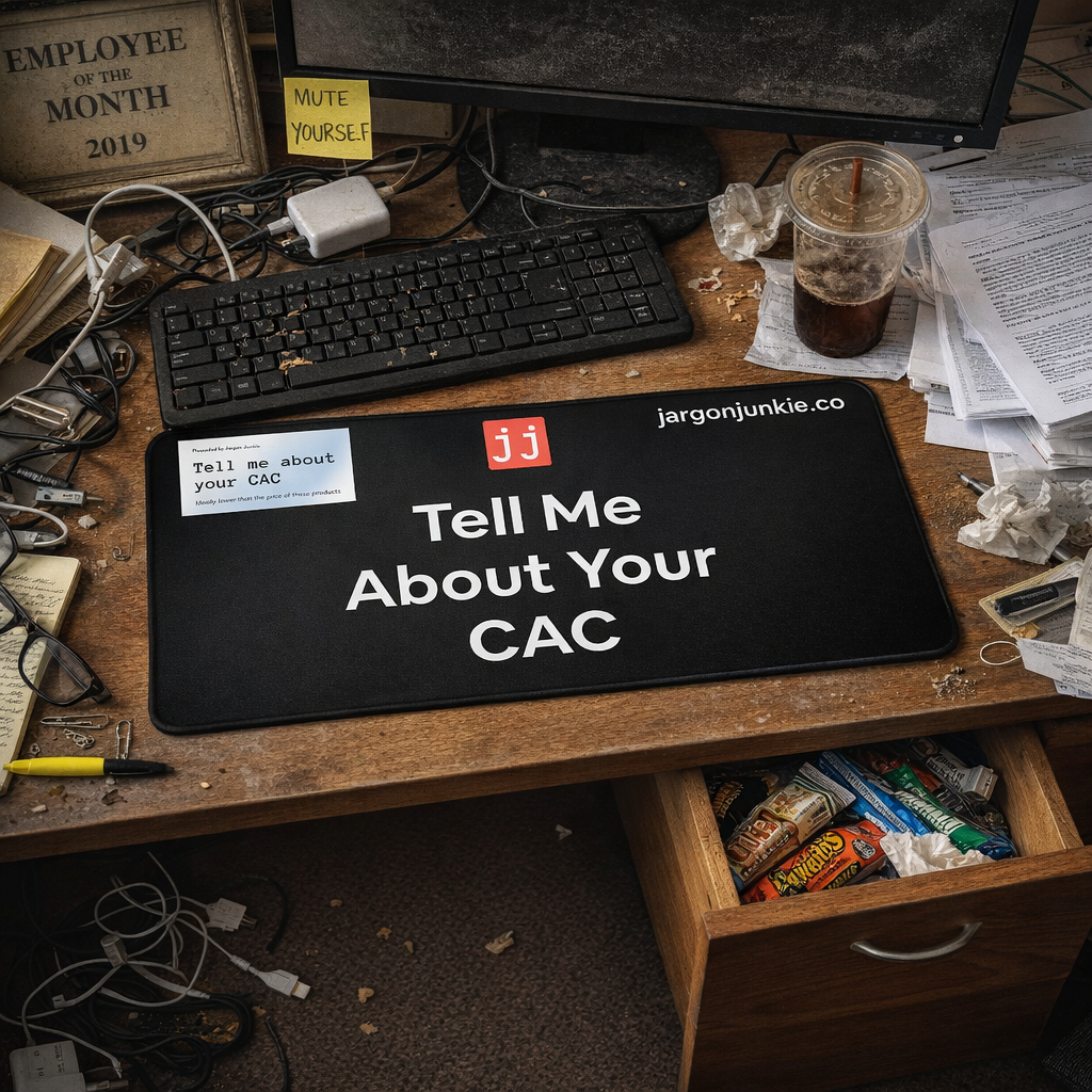 Jargon Junkie black desk mat with Tell Me About Your CAC text top view on cluttered desk corporate humor desk accessory