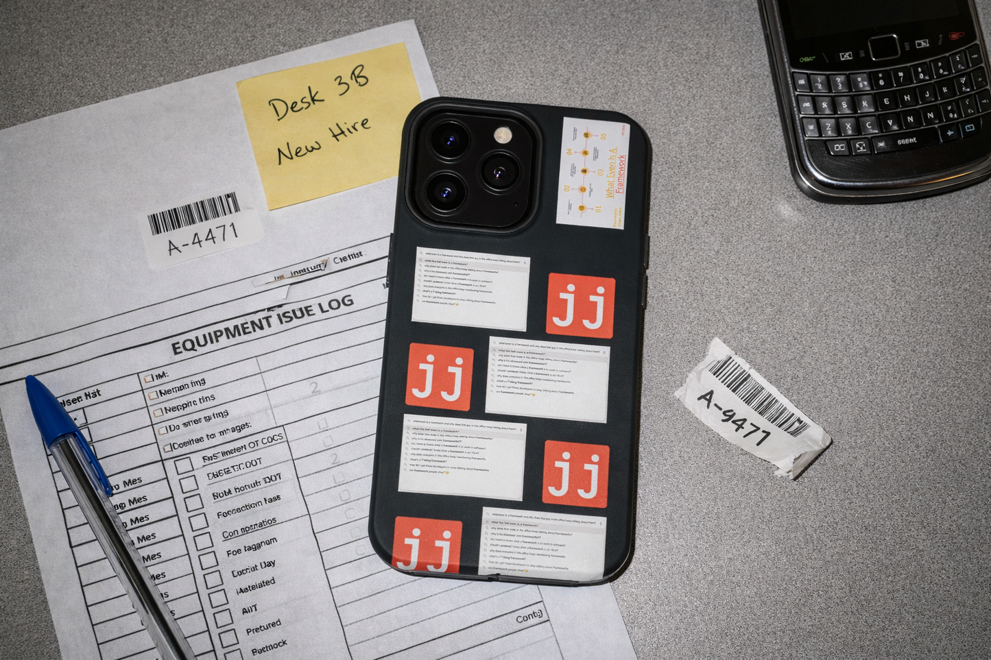 Jargon Junkie black iPhone Pro case with framework questions design and JJ logos back view angled product mockup corporate humor phone accessory