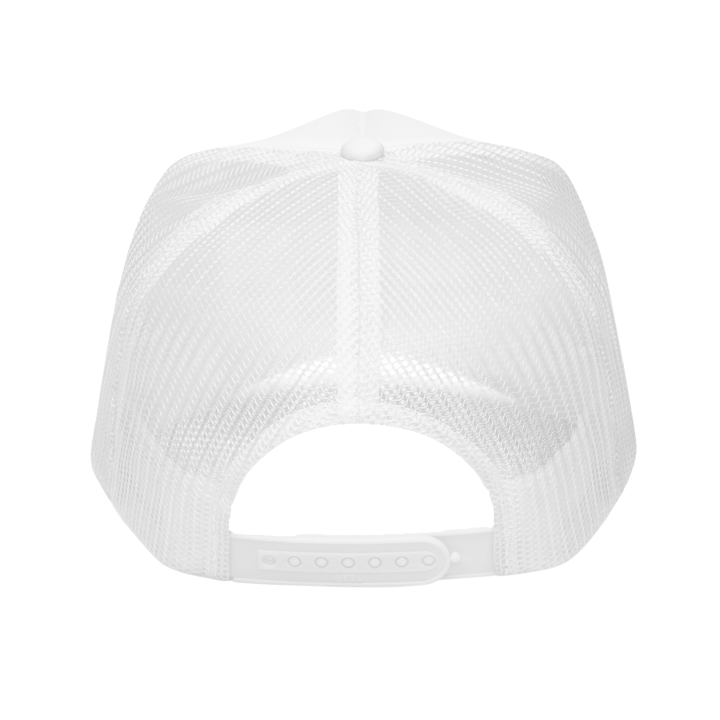 Jargon Junkie white trucker hat back view showing mesh panel and adjustable snapback closure