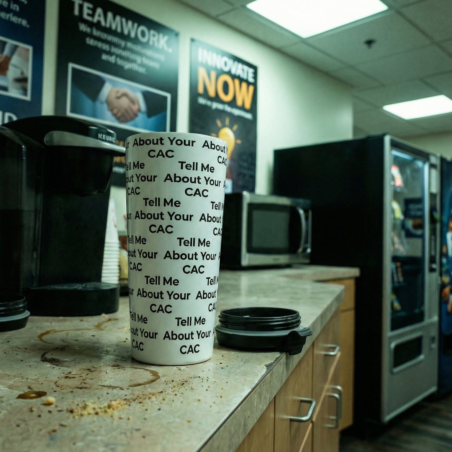 Jargon Junkie white tumbler with Tell Me About Your CAC text pattern in office break room corporate humor drinkware