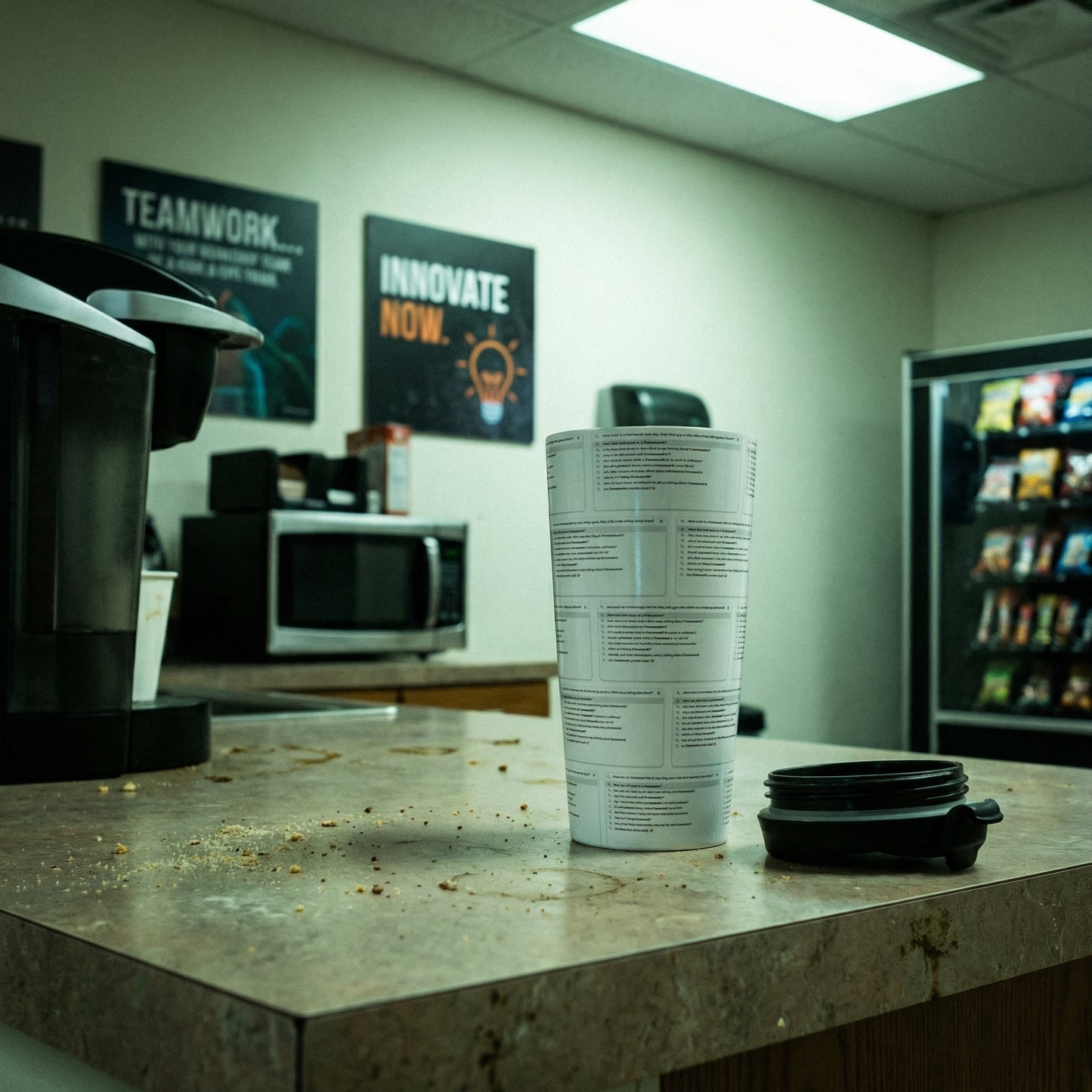 Jargon Junkie white tumbler with Building Useless Frameworks text pattern in office break room corporate humor drinkware