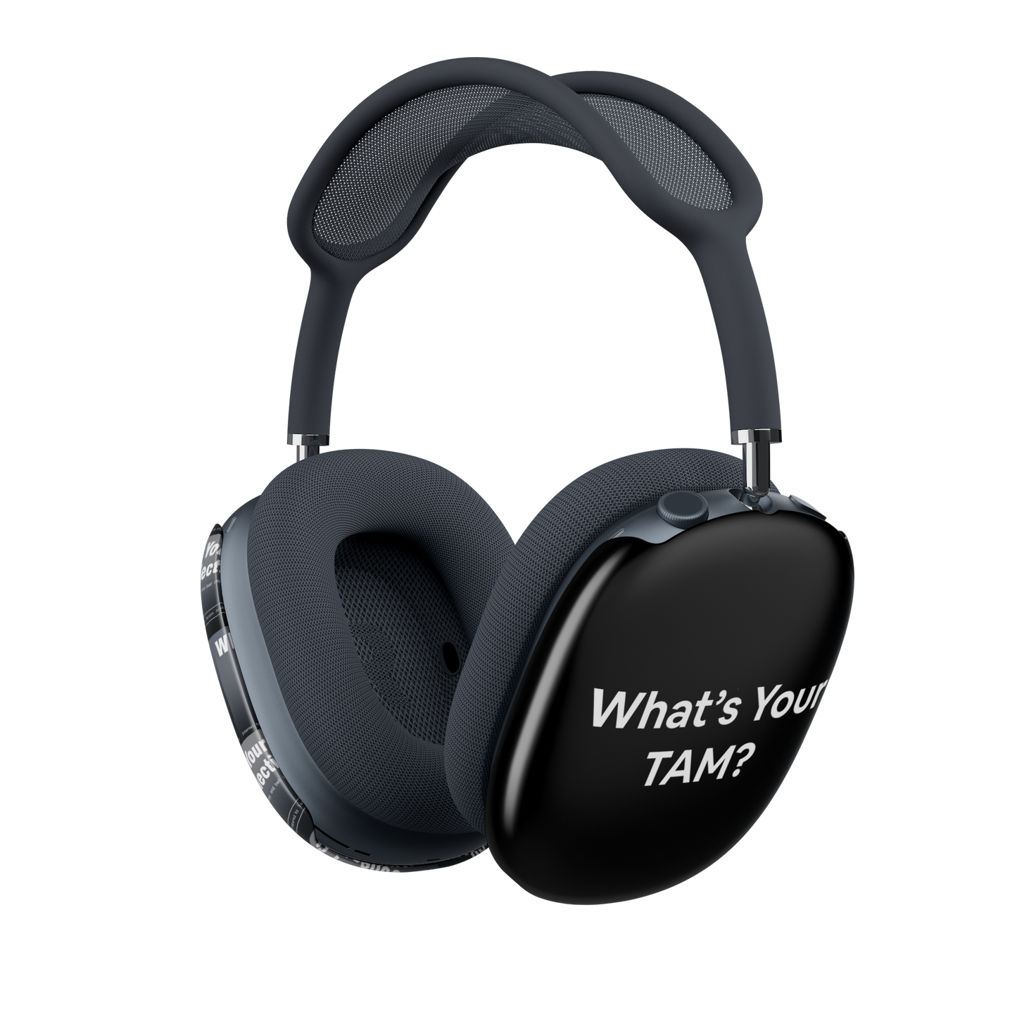 Jargon Junkie glossy black AirPods Max cover left side view with What's Your TAM text corporate humor design