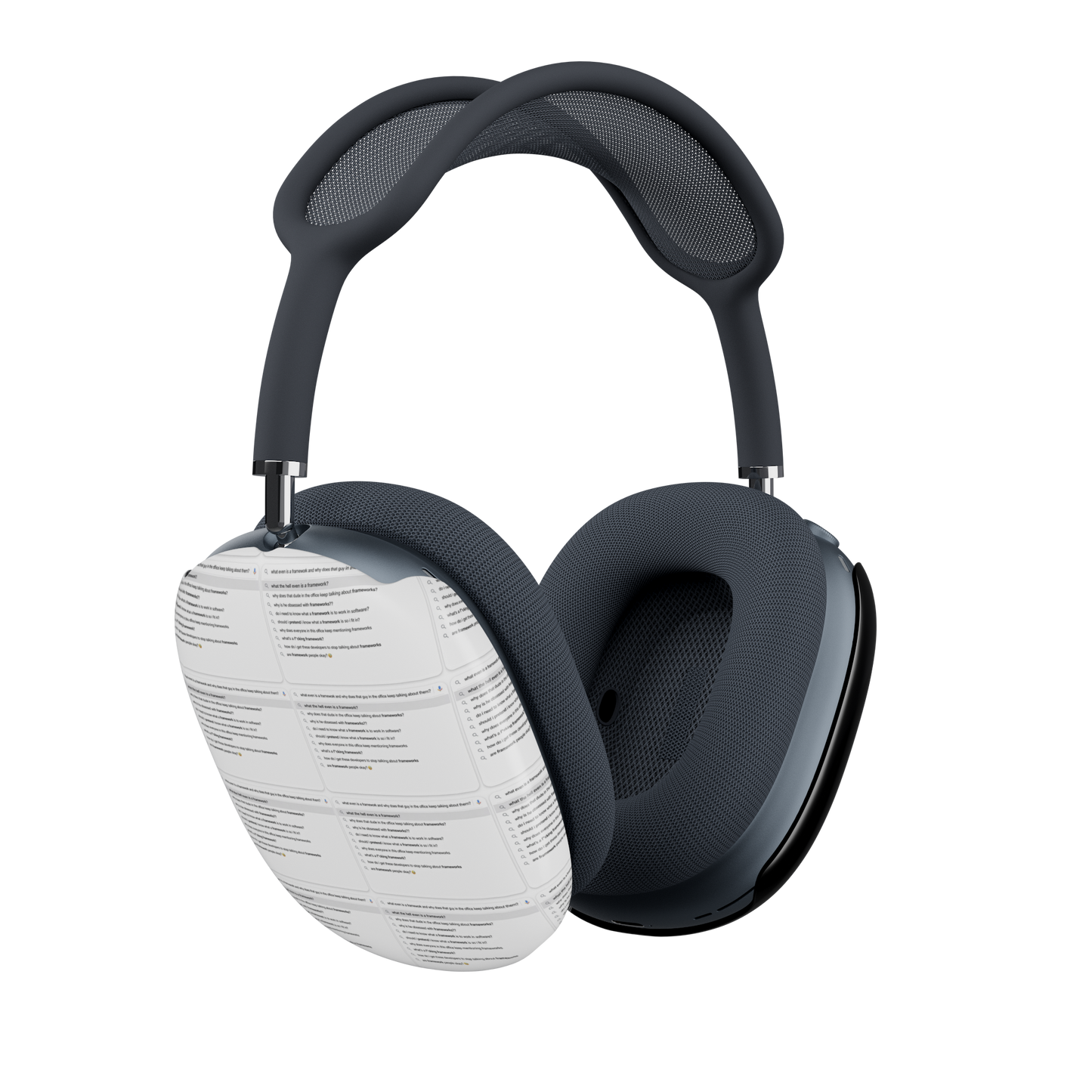 Jargon Junkie glossy black AirPods Max cover right side view showing white ear cup interior corporate humor headphone accessory