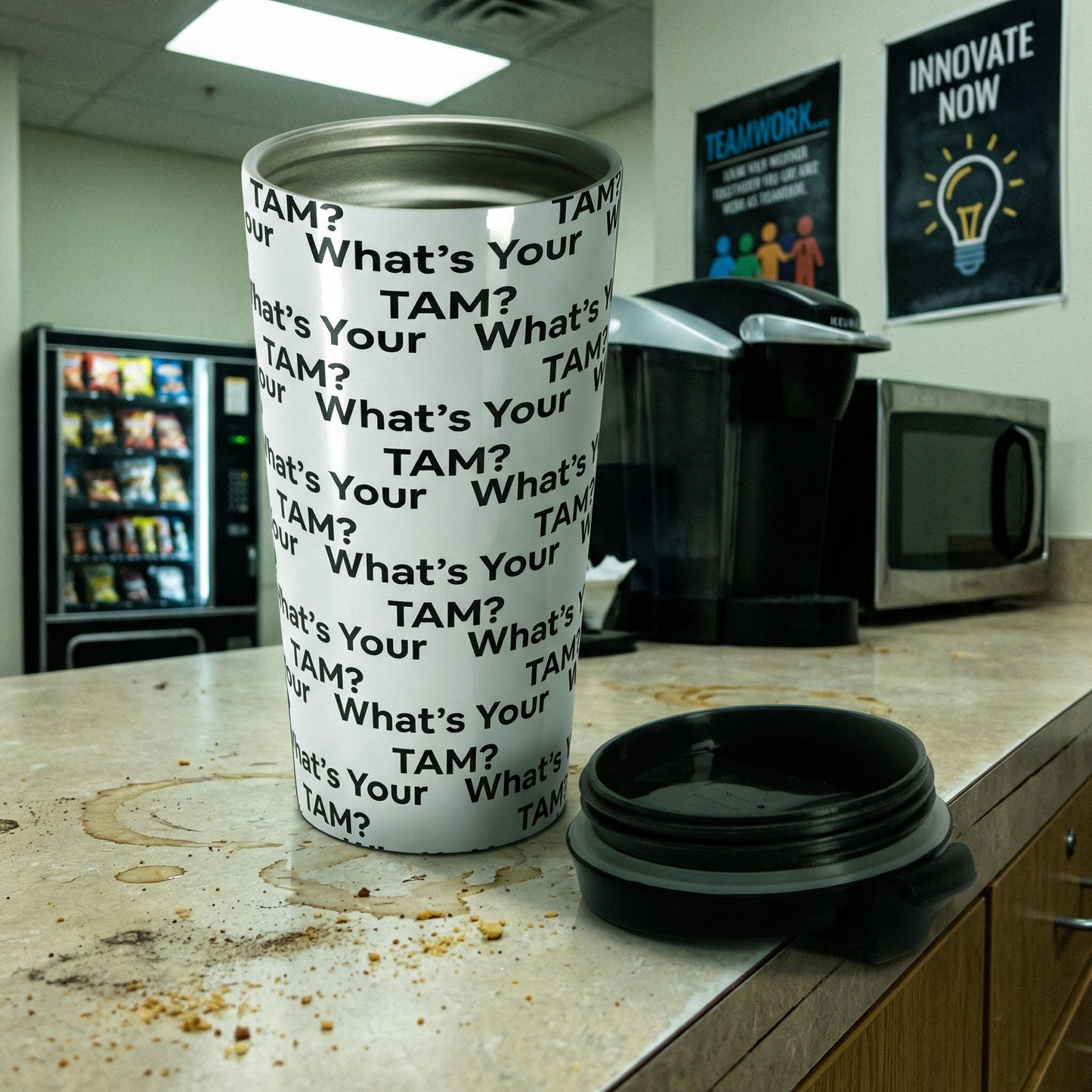 Jargon Junkie white tumbler with What's Your TAM? text pattern in office break room corporate humor drinkware