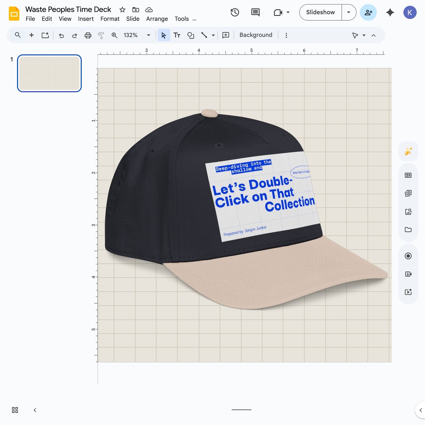 Jargon Junkie black and khaki baseball cap angled view with slide deck graphic reading Let's Double-Click on That Collection