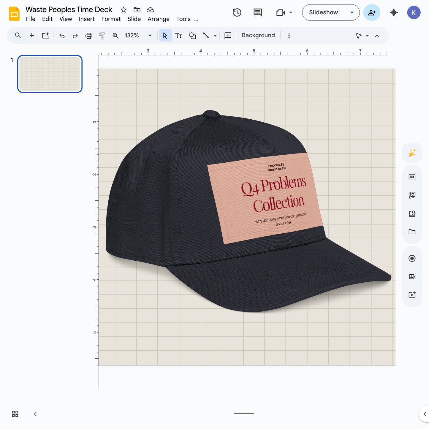 Jargon Junkie navy blue baseball cap with Q4 Problems Collection graphic corporate humor design