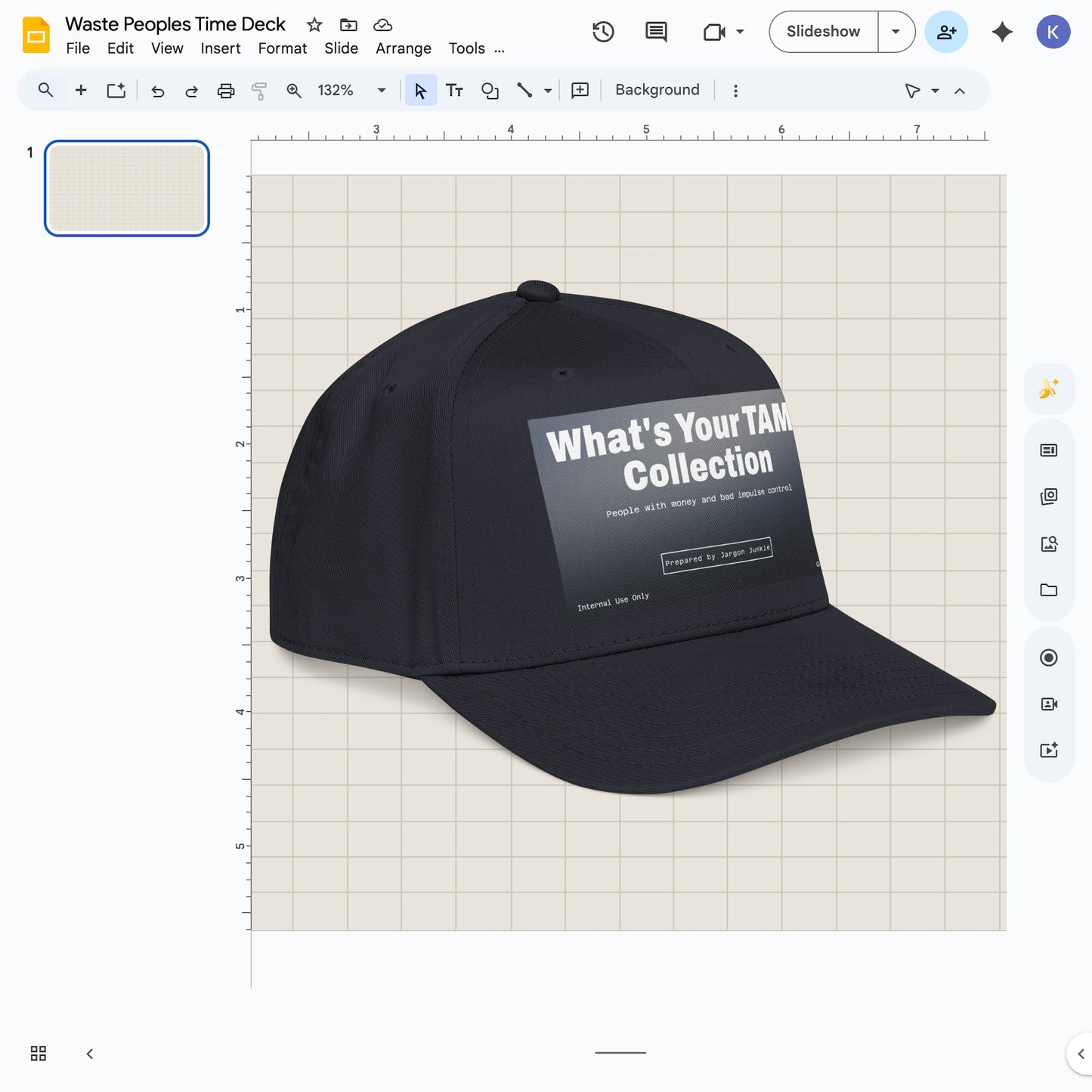 Jargon Junkie navy blue baseball cap angled view with What's Your TAM Collection graphic corporate humor design