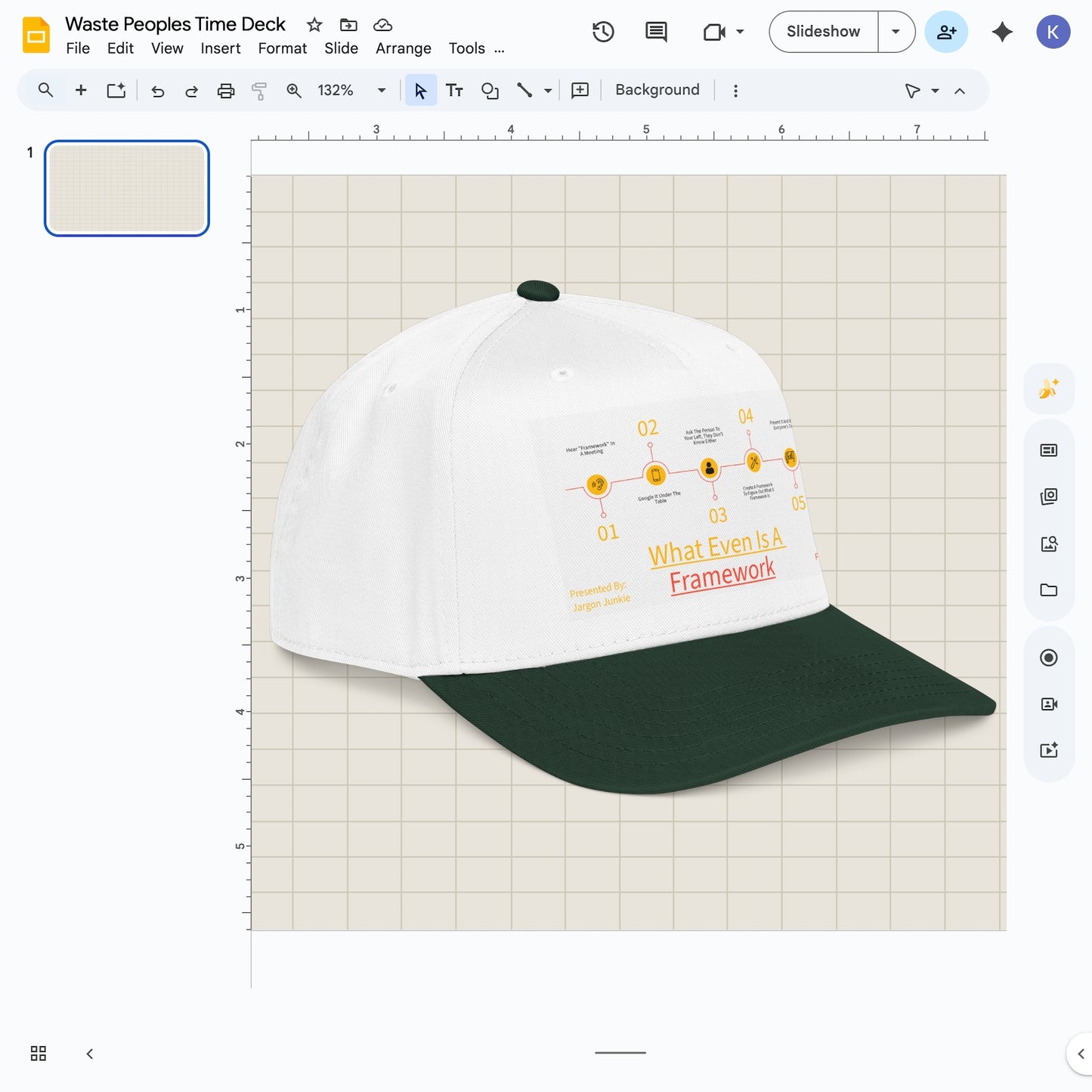 Jargon Junkie white and forest green baseball cap with What Even Is A Framework graphic corporate jargon humor design