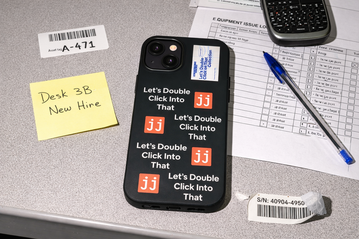 Jargon Junkie black iPhone 13 Mini case with Let's Double Click Into That text and JJ logos on office desk with equipment issue log corporate humor phone accessory