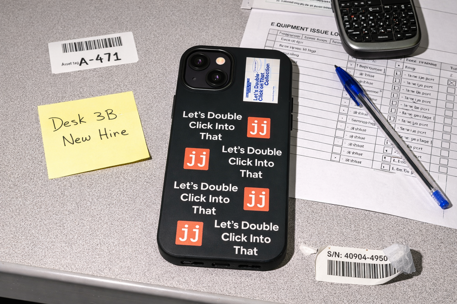 Jargon Junkie black iPhone 13 Mini case with Let's Double Click Into That text and JJ logos on office desk with equipment issue log corporate humor phone accessory