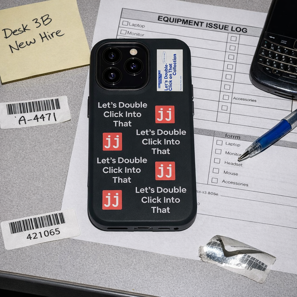 Jargon Junkie black iPhone 13 Pro case with Let's Double Click Into That text and JJ logos on office desk with equipment issue log corporate humor phone accessory