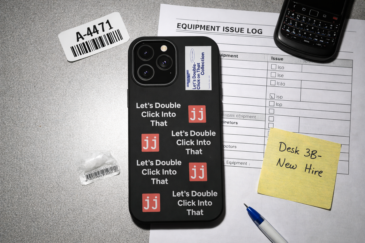 Jargon Junkie black iPhone 13 Pro Max case with Let's Double Click Into That text and JJ logos on office desk with equipment issue log corporate humor phone accessory