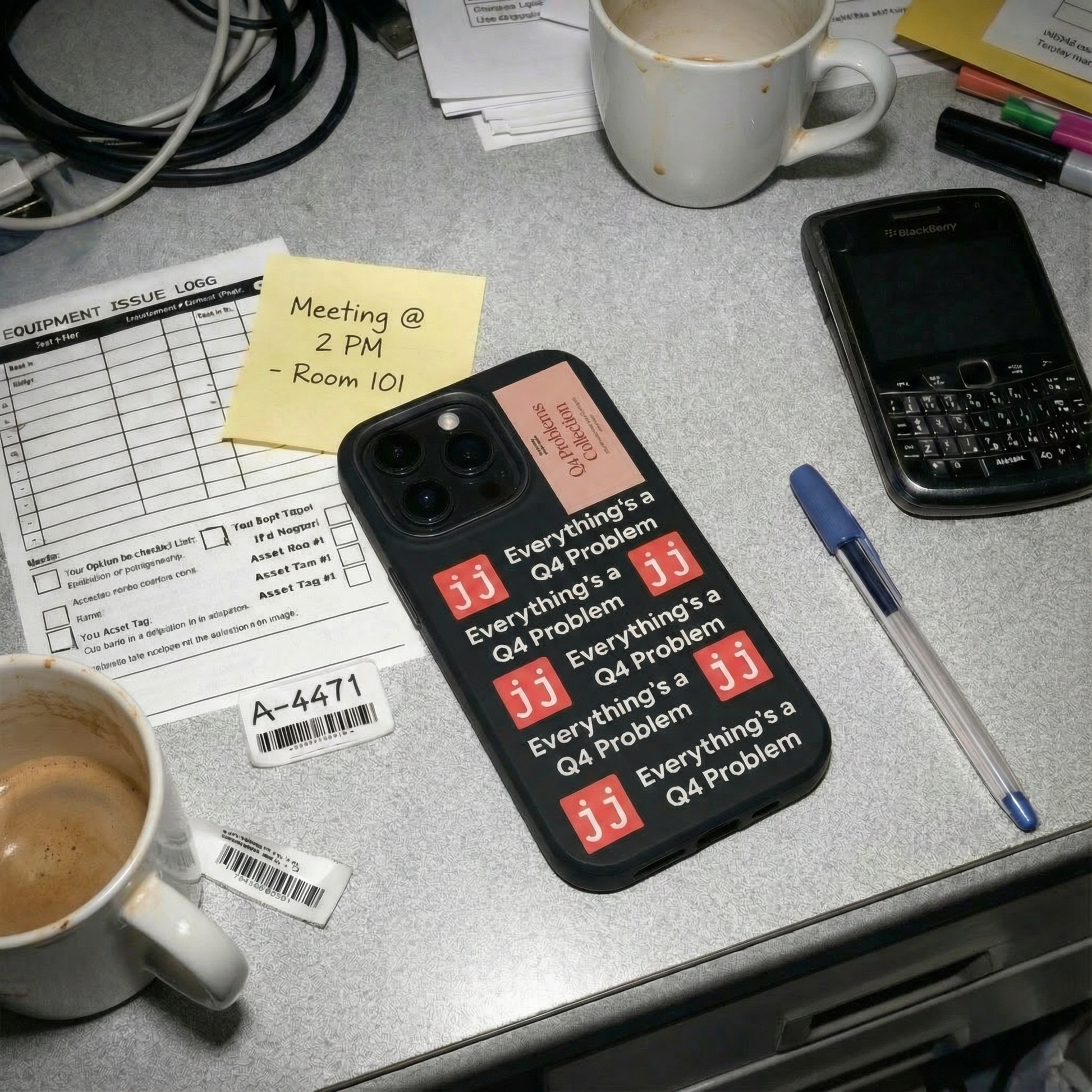 Everything’s a Q4 Problem' phone case on a desk with an equipment issue log, vintage BlackBerry, and New Hire note.