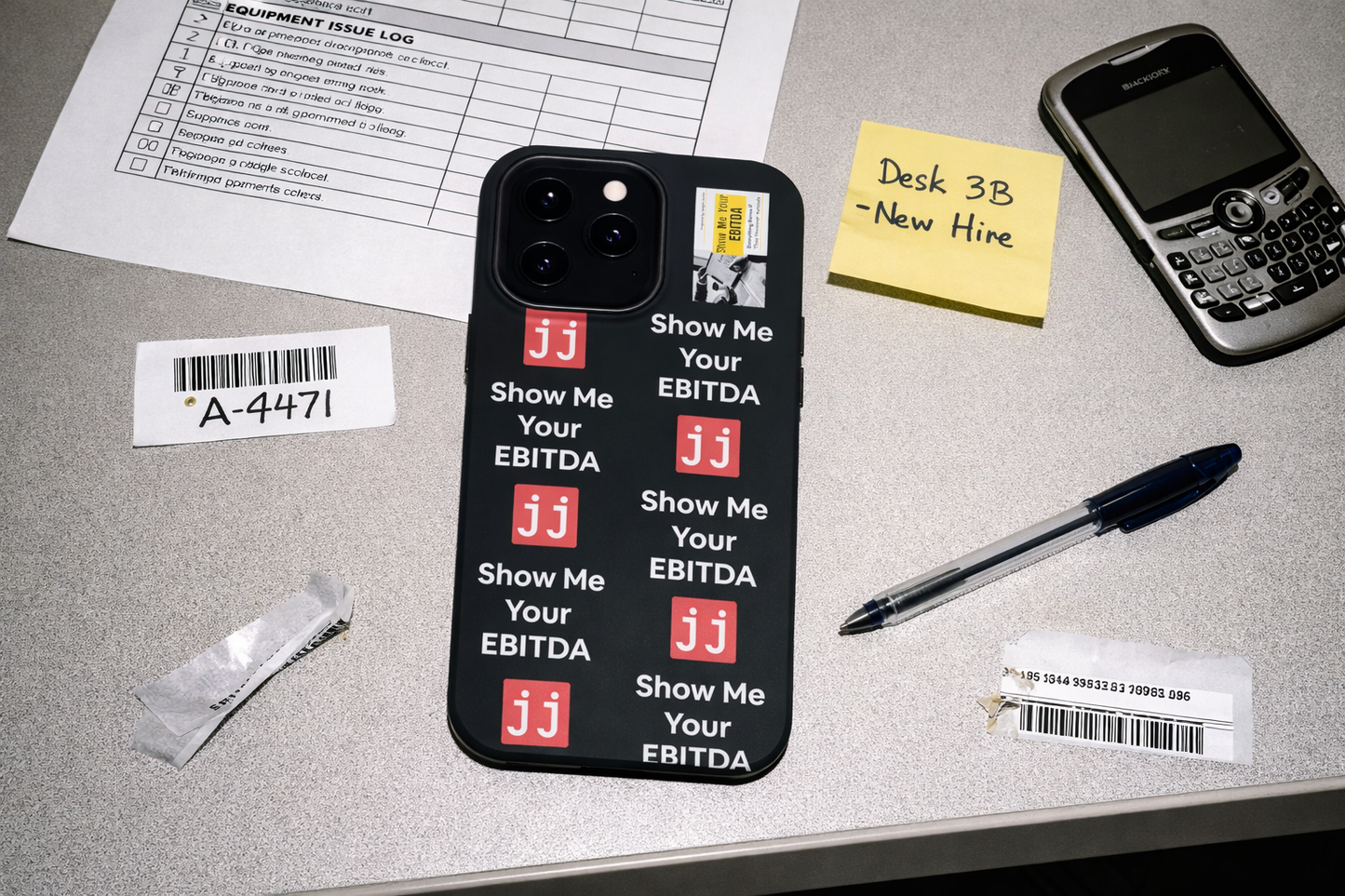 Black corporate humor phone case with 'Show Me Your EBITDA' text, perfect for finance professionals.