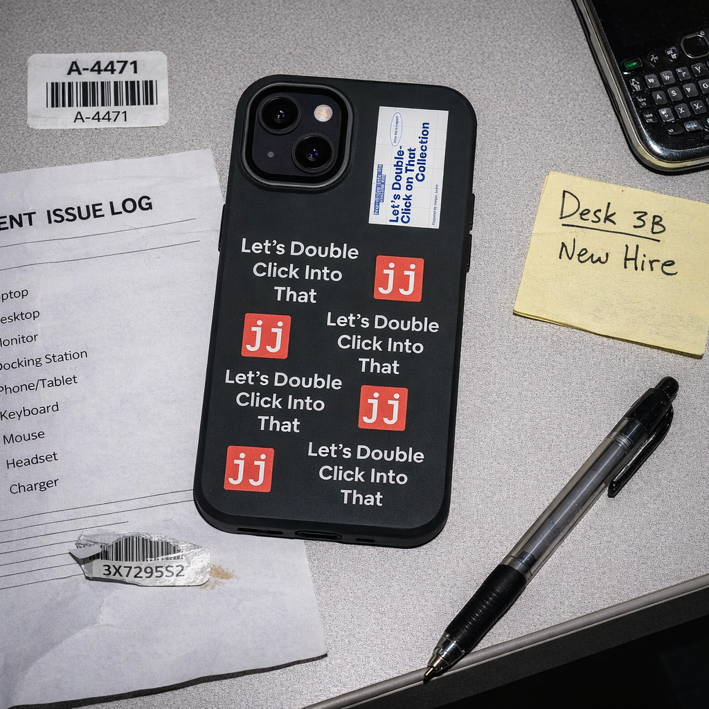 Jargon Junkie black iPhone 13 case with Let's Double Click Into That text and JJ logos on office desk with IT equipment issue log corporate humor phone accessory