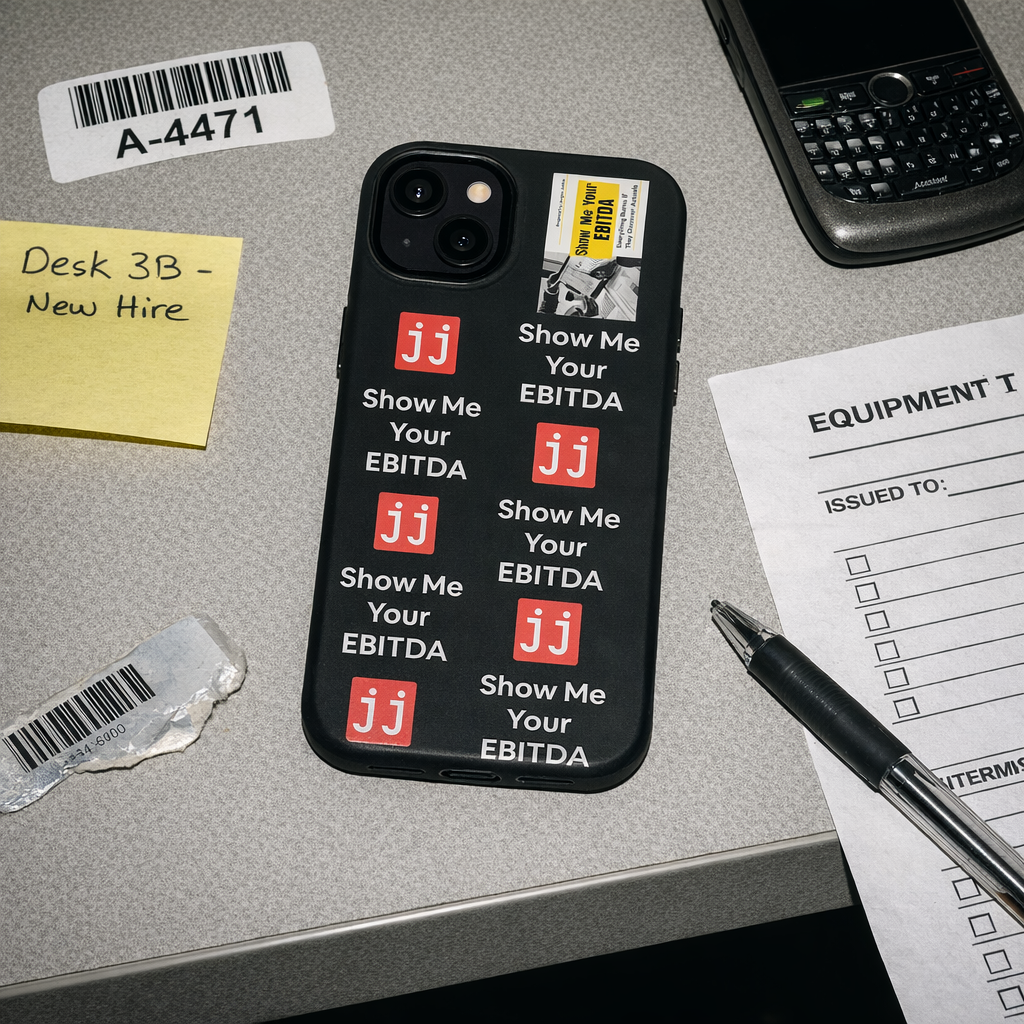 Black corporate humor phone case with 'Show Me Your EBITDA' text, perfect for finance professionals.
