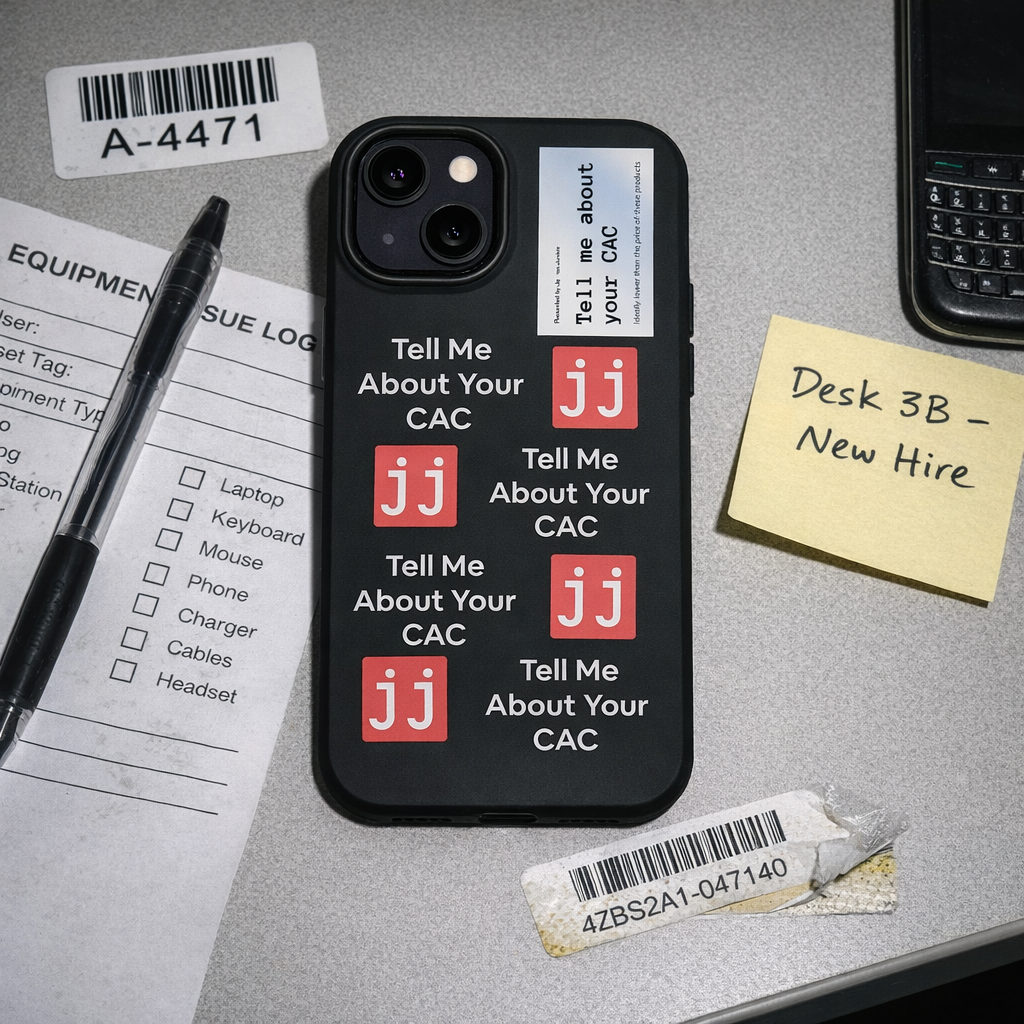 Jargon Junkie black iPhone 13 case with Tell Me About Your CAC text and JJ logos on office desk with IT inventory checklist corporate humor phone accessory