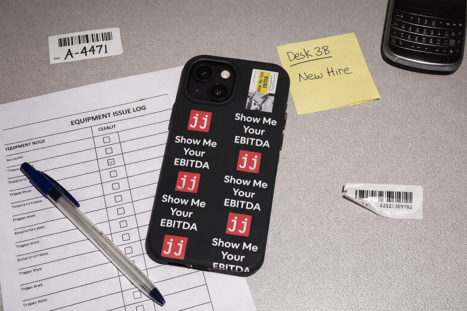 Black corporate humor phone case with 'Show Me Your EBITDA' text, perfect for finance professionals.