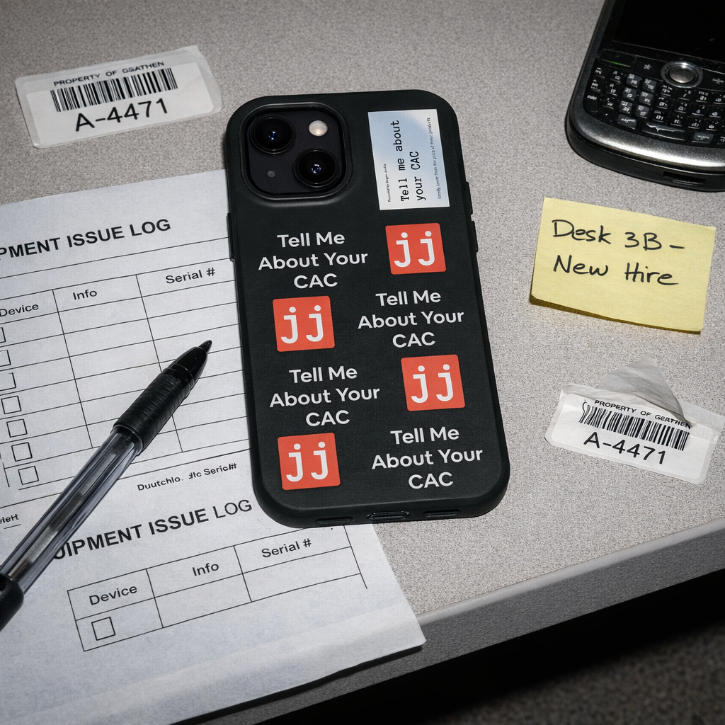 Jargon Junkie black iPhone 13 Mini case with Tell Me About Your CAC text and JJ logos on office desk with equipment issue log corporate humor phone accessory