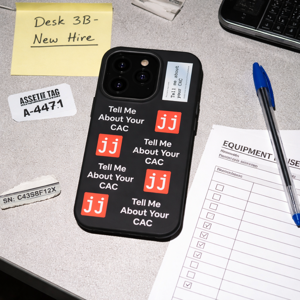 Jargon Junkie black iPhone 13 Pro case with Tell Me About Your CAC text and JJ logos on office desk with equipment checklist corporate humor phone accessory