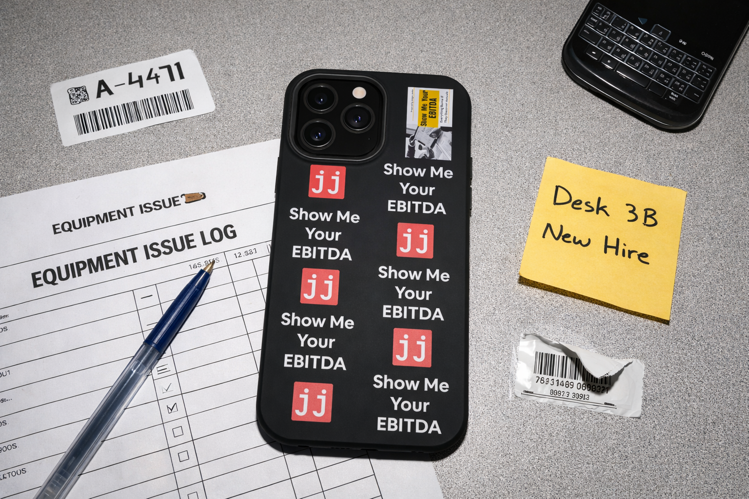 Black corporate humor phone case with 'Show Me Your EBITDA' text, perfect for finance professionals.