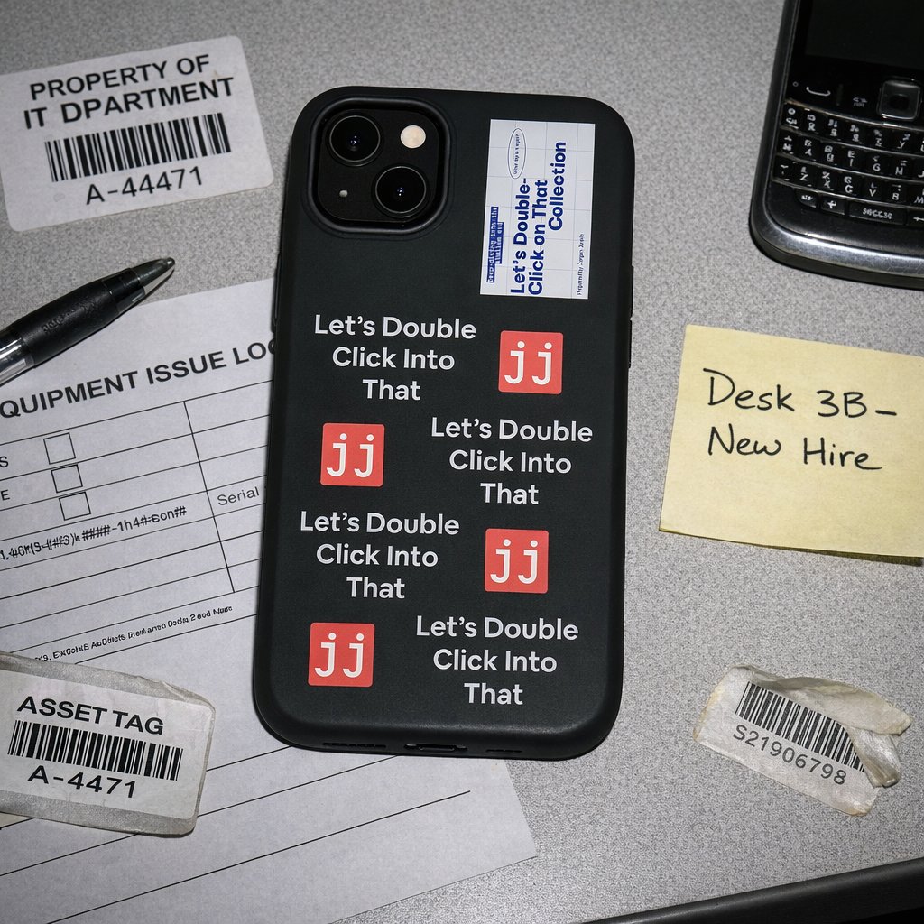 Jargon Junkie black iPhone 14 Plus case with Let's Double Click Into That text and JJ logos on office desk with IT department asset tag corporate humor phone accessory