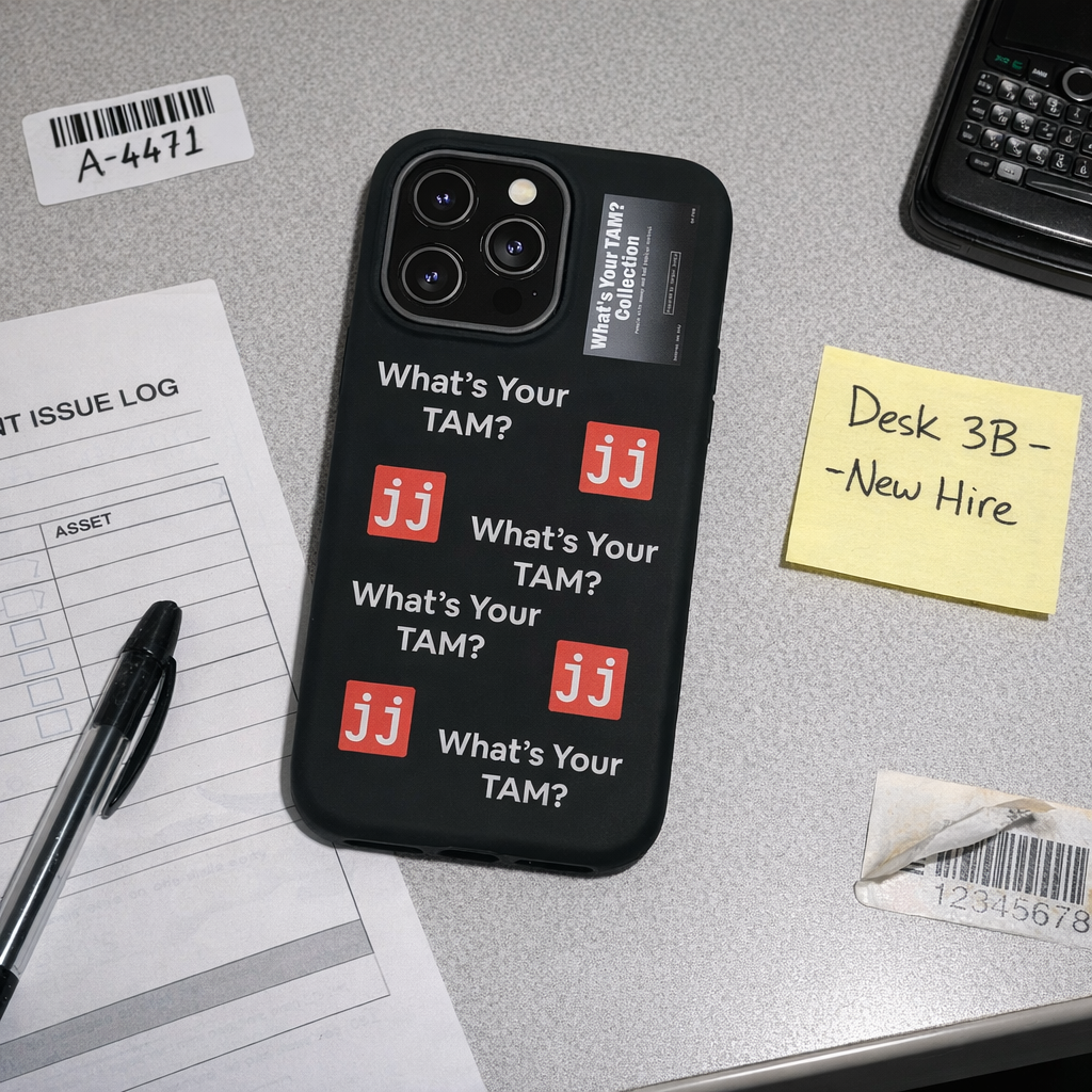 Black iPhone Pro Max case featuring 'What's Your TAM?' text and red JJ logos in a corporate humor style.