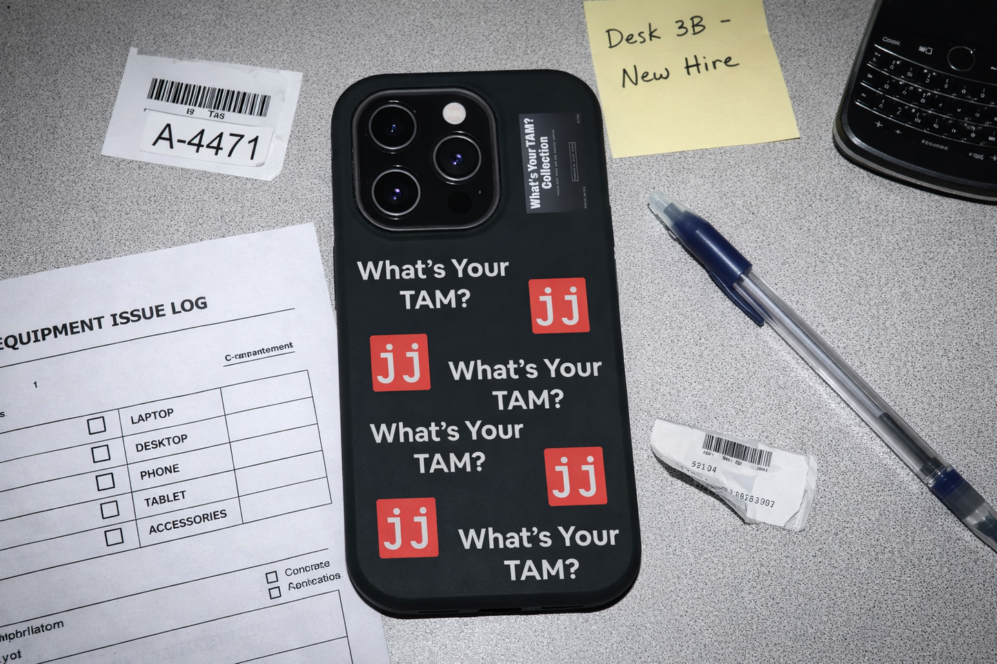Black iPhone Pro Max case featuring 'What's Your TAM?' text and red JJ logos in a corporate humor style.