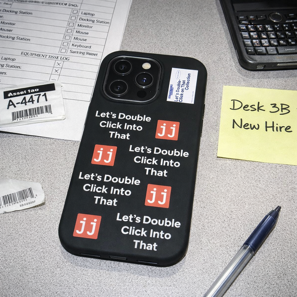 Jargon Junkie black iPhone 14 Pro case with Let's Double Click Into That text and JJ logos on office desk with equipment checklist corporate humor phone accessory