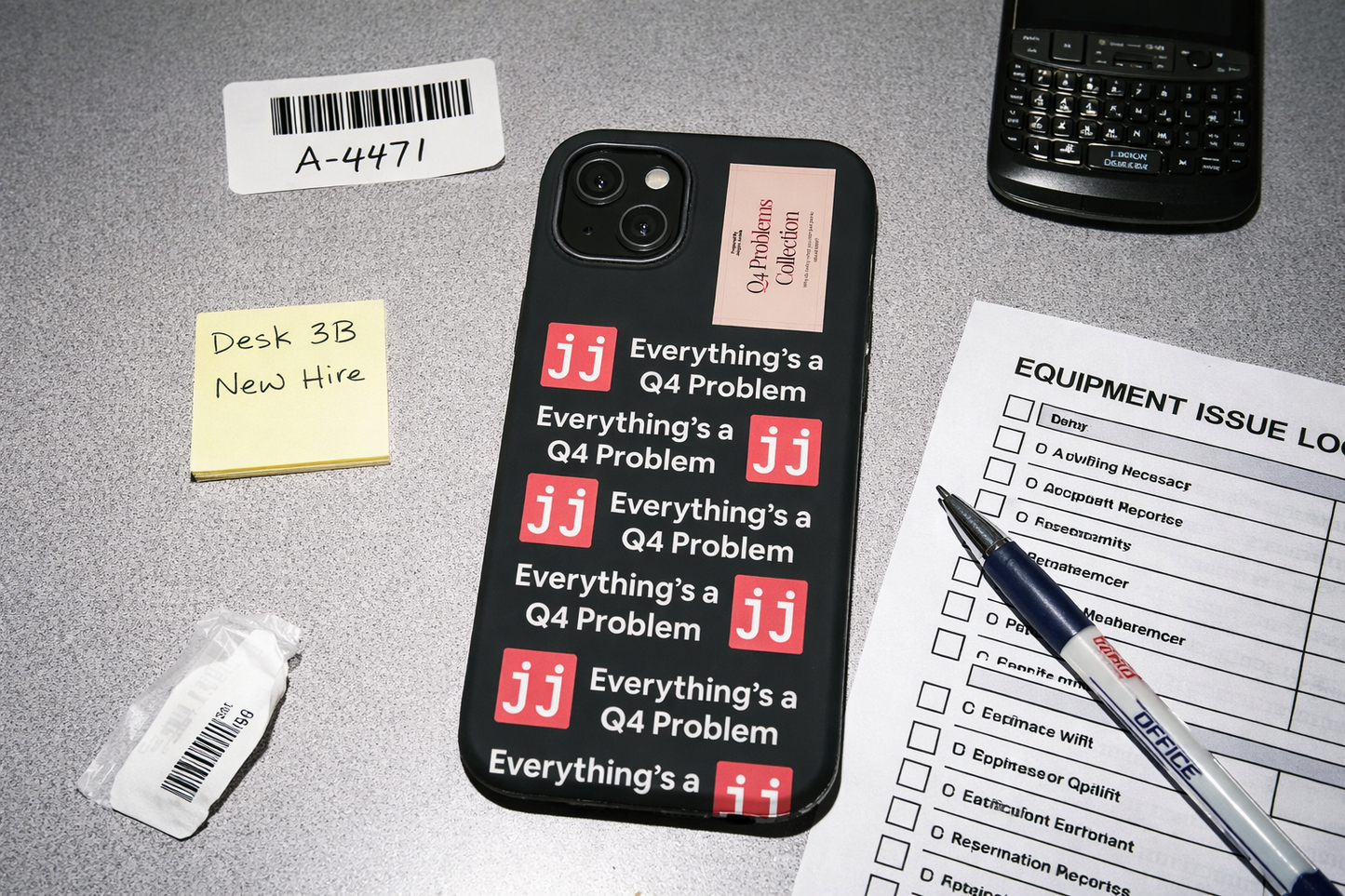 Everything’s a Q4 Problem' phone case on a desk with an equipment issue log, vintage BlackBerry, and New Hire note.