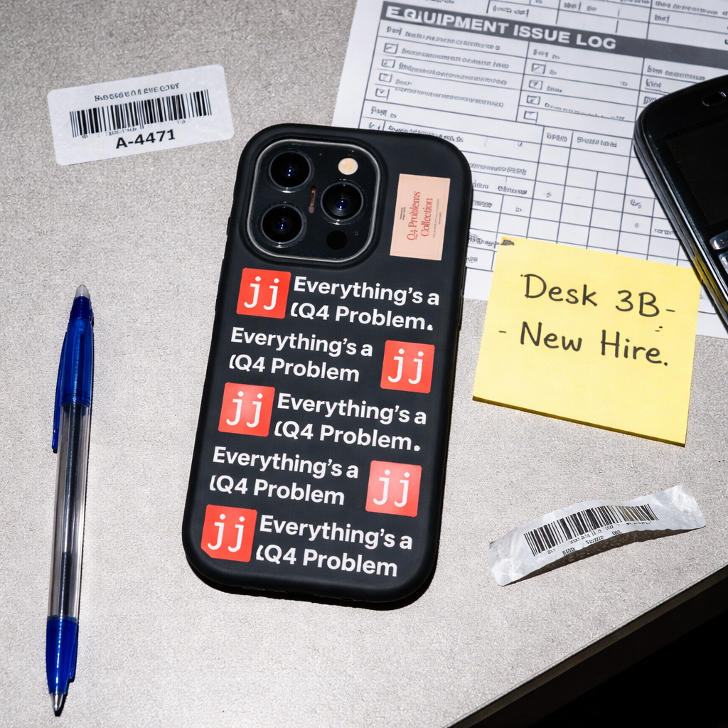 Everything’s a Q4 Problem' phone case on a desk with an equipment issue log, vintage BlackBerry, and New Hire note.