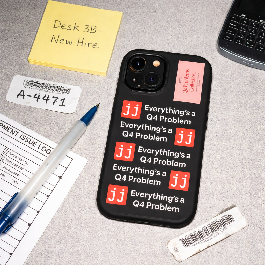Everything’s a Q4 Problem' phone case on a desk with an equipment issue log, vintage BlackBerry, and New Hire note.