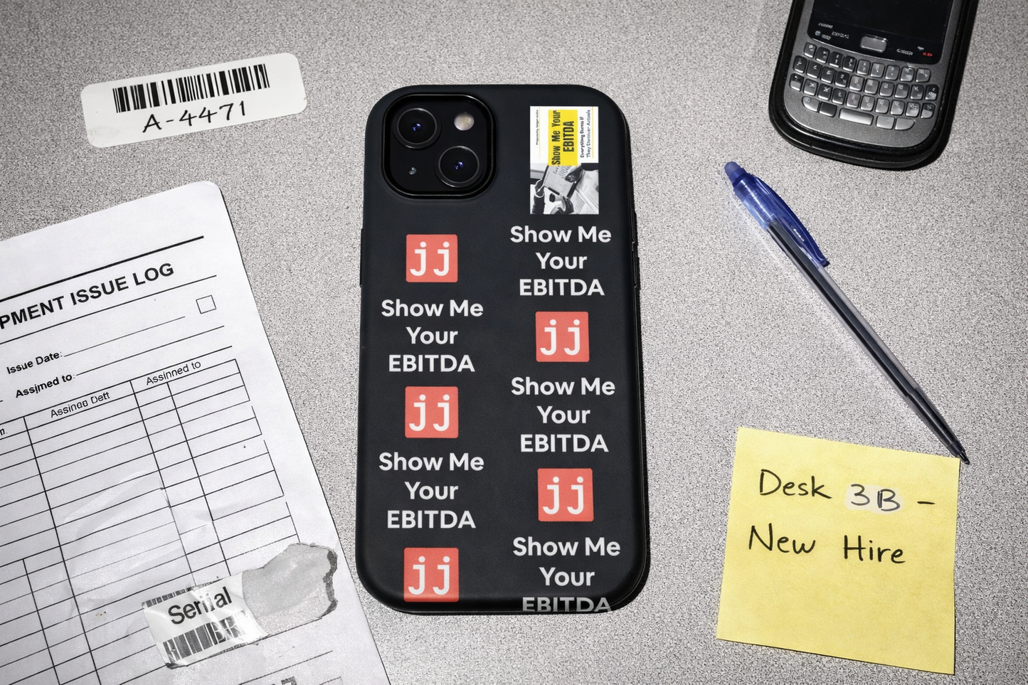 Black corporate humor phone case with 'Show Me Your EBITDA' text, perfect for finance professionals.