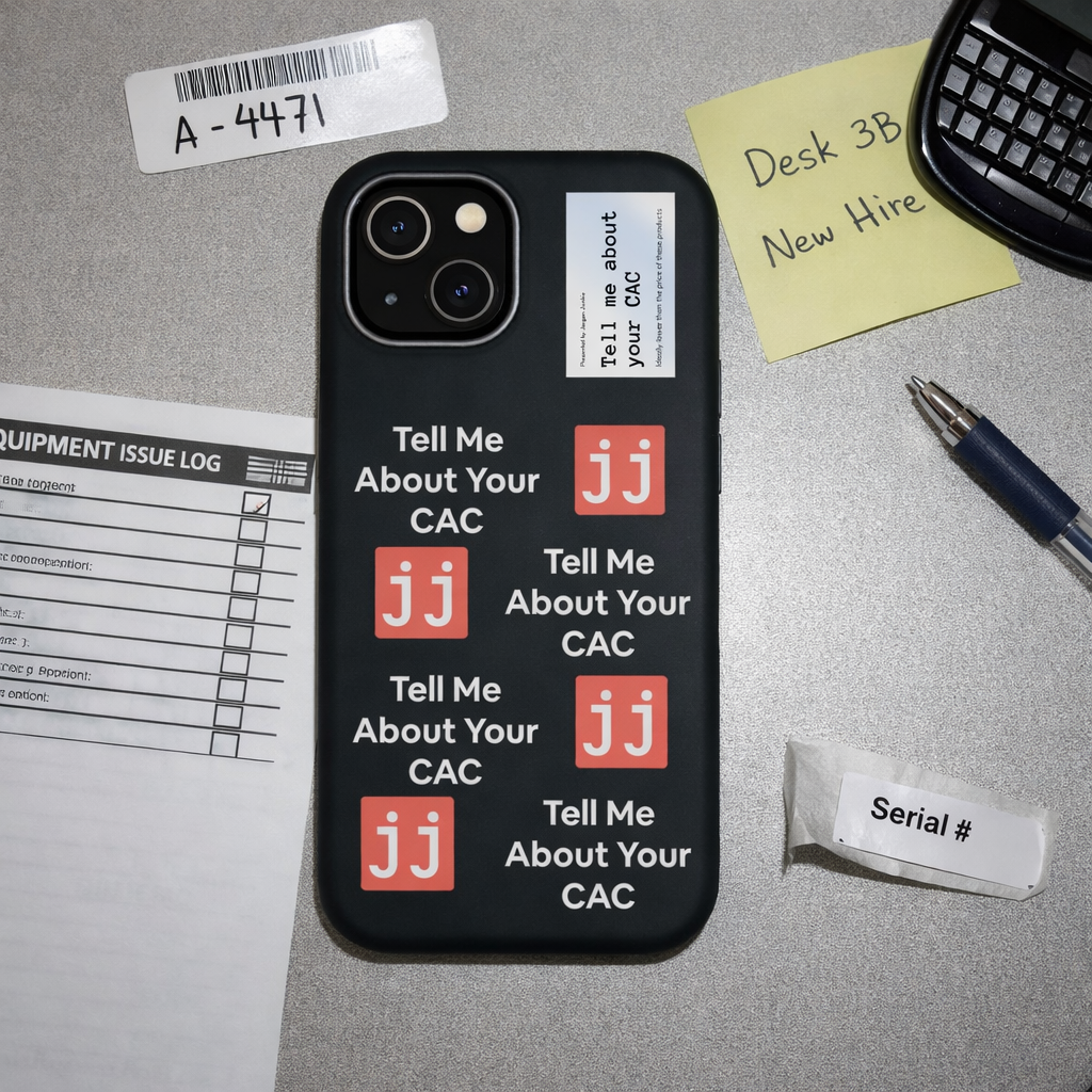Jargon Junkie black iPhone 14 case with Tell Me About Your CAC text and JJ logos on office desk with equipment issue log corporate humor phone accessory
