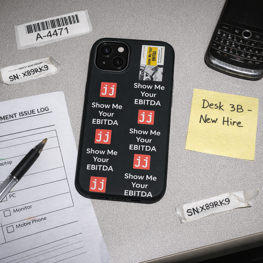 Black corporate humor phone case with 'Show Me Your EBITDA' text, perfect for finance professionals.
