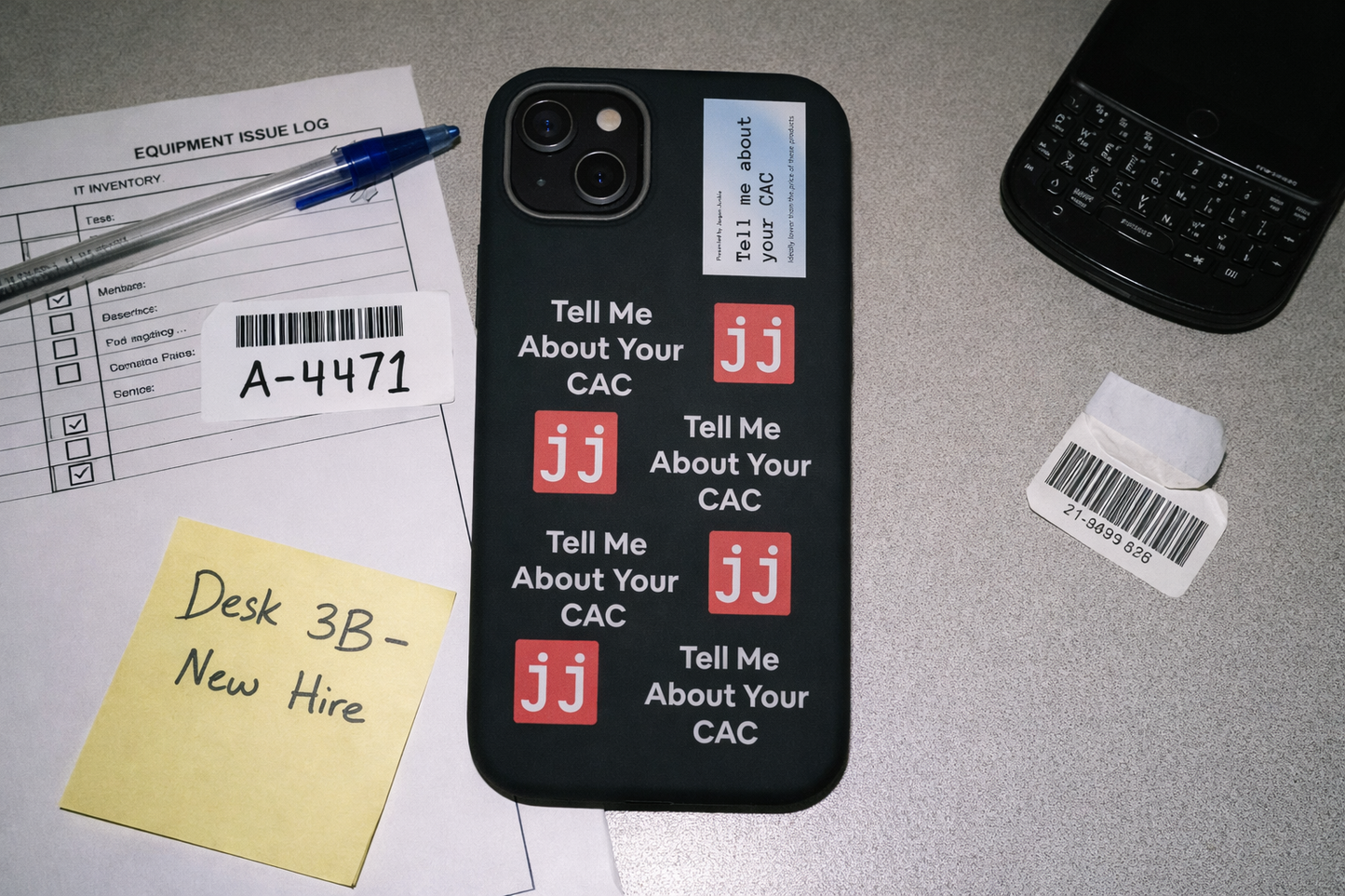 Jargon Junkie black iPhone 14 Plus case with Tell Me About Your CAC text and JJ logos on office desk with equipment issue log corporate humor phone accessory