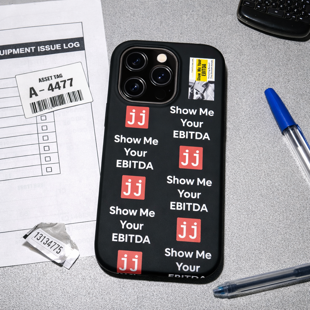 Black corporate humor phone case with 'Show Me Your EBITDA' text, perfect for finance professionals.