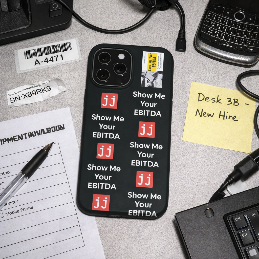 Black corporate humor phone case with 'Show Me Your EBITDA' text, perfect for finance professionals.
