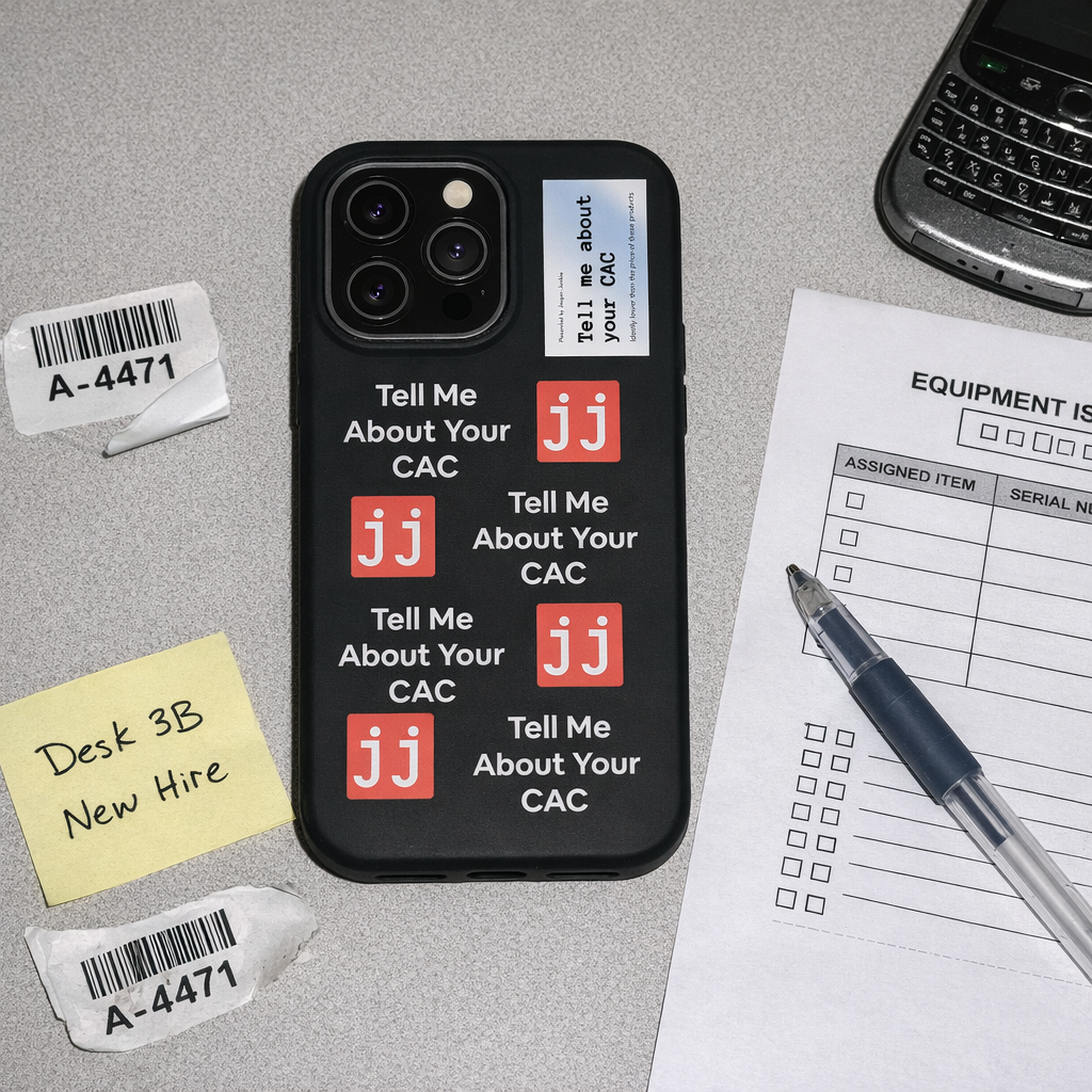 Jargon Junkie black iPhone 14 Pro Max case with Tell Me About Your CAC text and JJ logos on office desk with equipment issue log corporate humor phone accessory