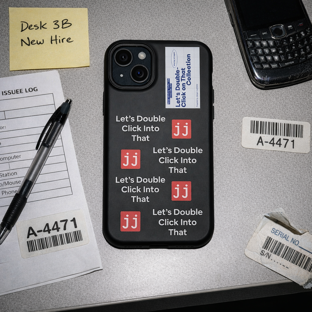 Jargon Junkie black iPhone 15 Plus case with Let's Double Click Into That text and JJ logos on office desk with equipment issue log corporate humor phone accessory