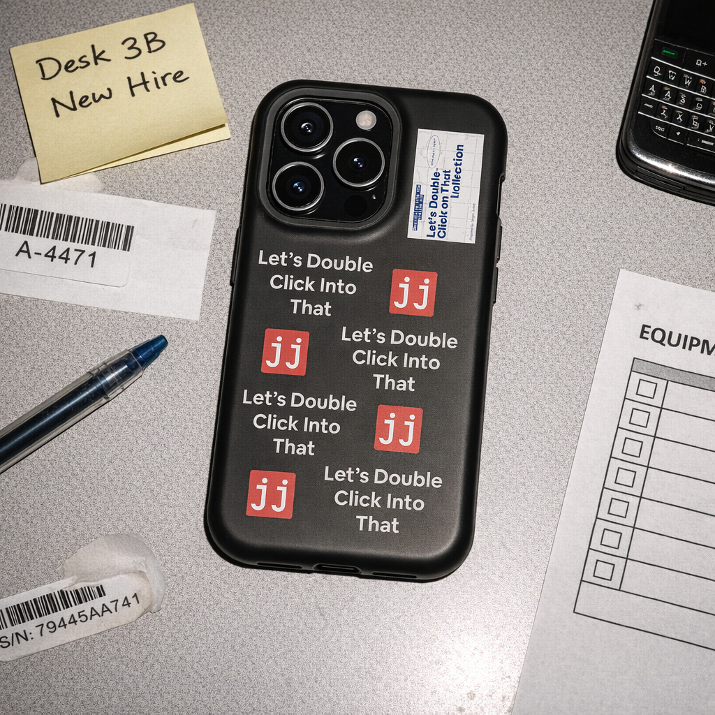 Jargon Junkie black iPhone 15 Pro case with Let's Double Click Into That text and JJ logos on office desk with equipment checklist corporate humor phone accessory