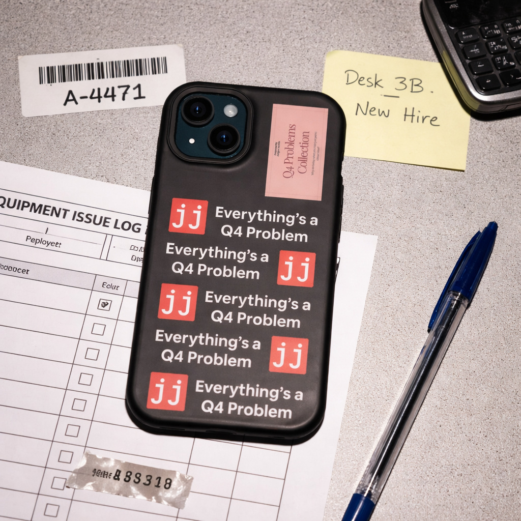 Everything’s a Q4 Problem' phone case on a desk with an equipment issue log, vintage BlackBerry, and New Hire note.
