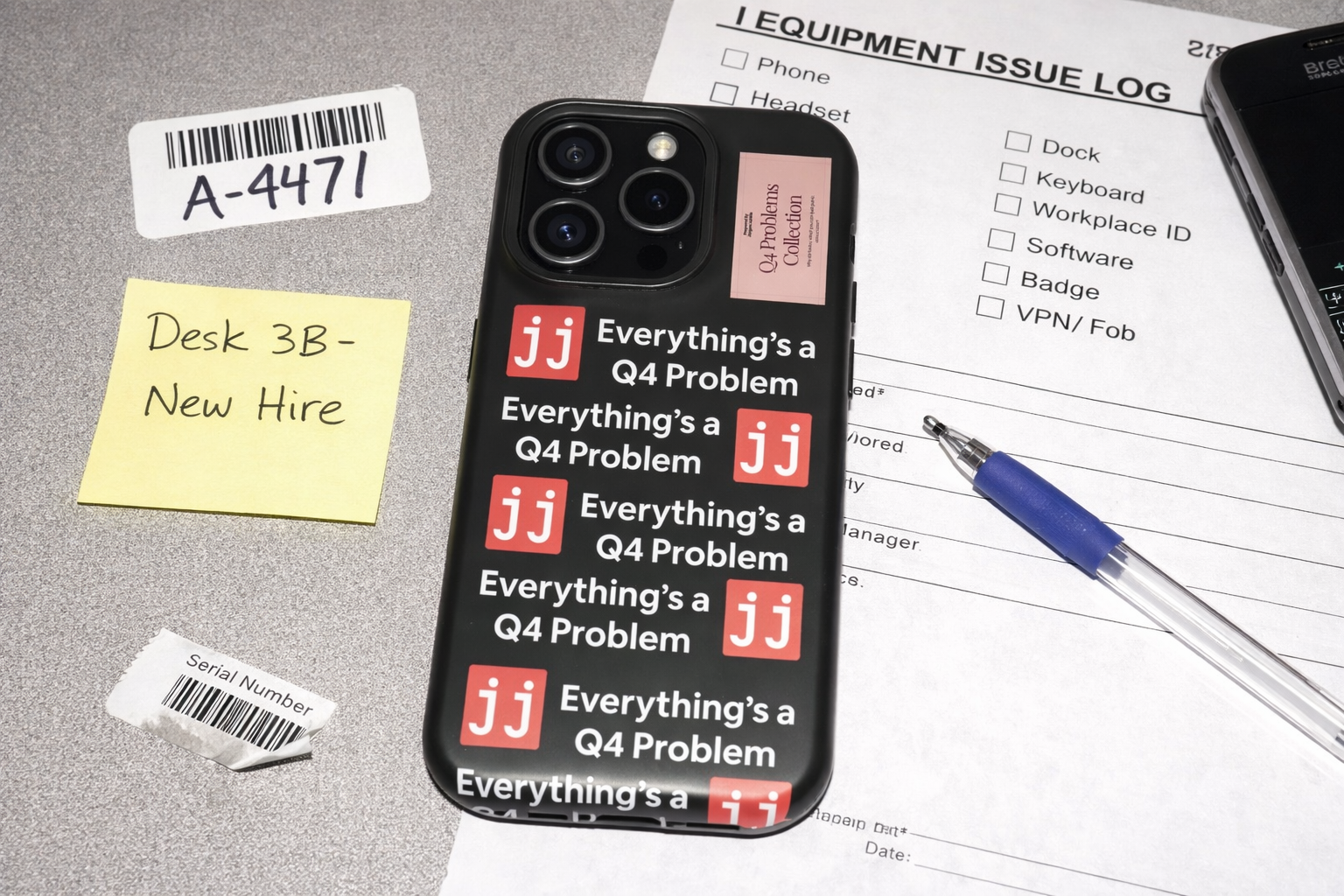 Everything’s a Q4 Problem' phone case on a desk with an equipment issue log, vintage BlackBerry, and New Hire note.