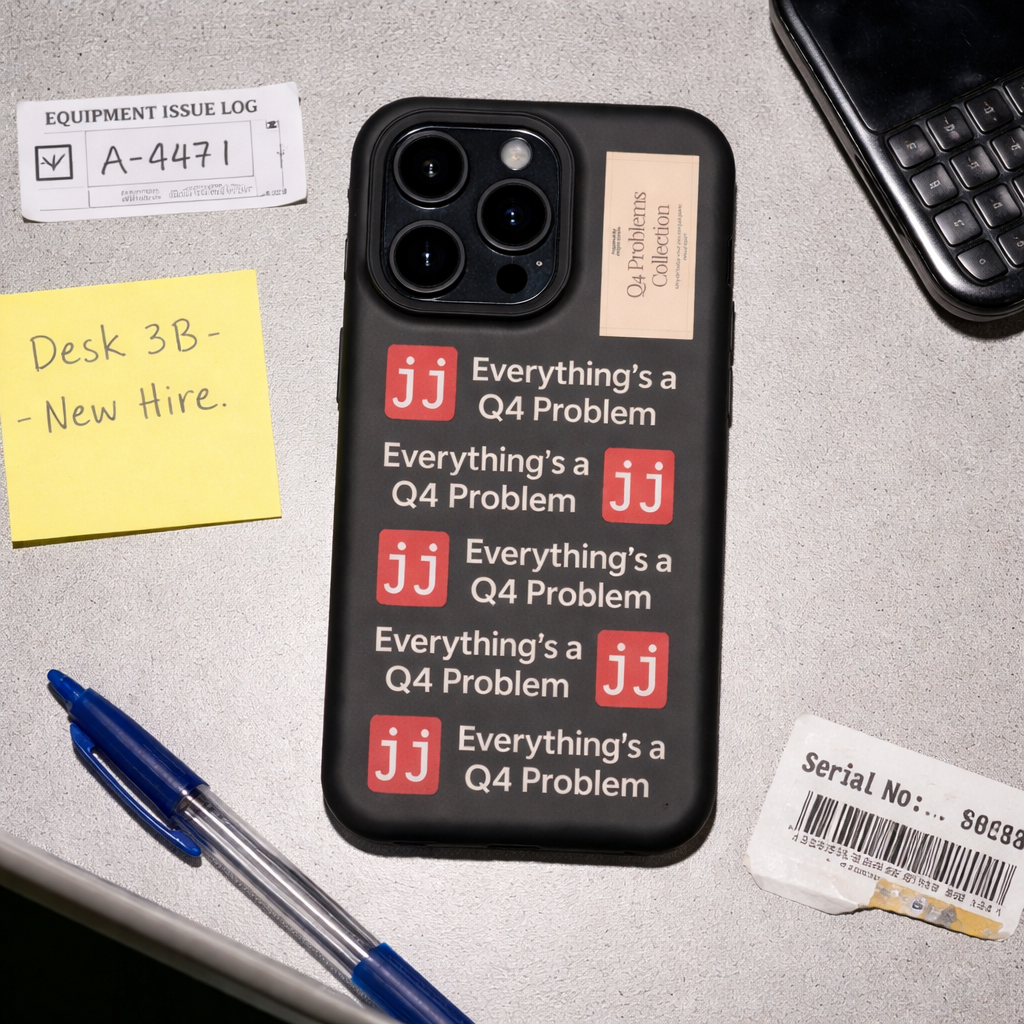 Everything’s a Q4 Problem' phone case on a desk with an equipment issue log, vintage BlackBerry, and New Hire note.