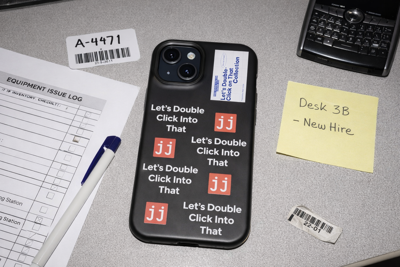 Jargon Junkie black iPhone 15 case with Let's Double Click Into That text and JJ logos on office desk with IT inventory checklist corporate humor phone accessory