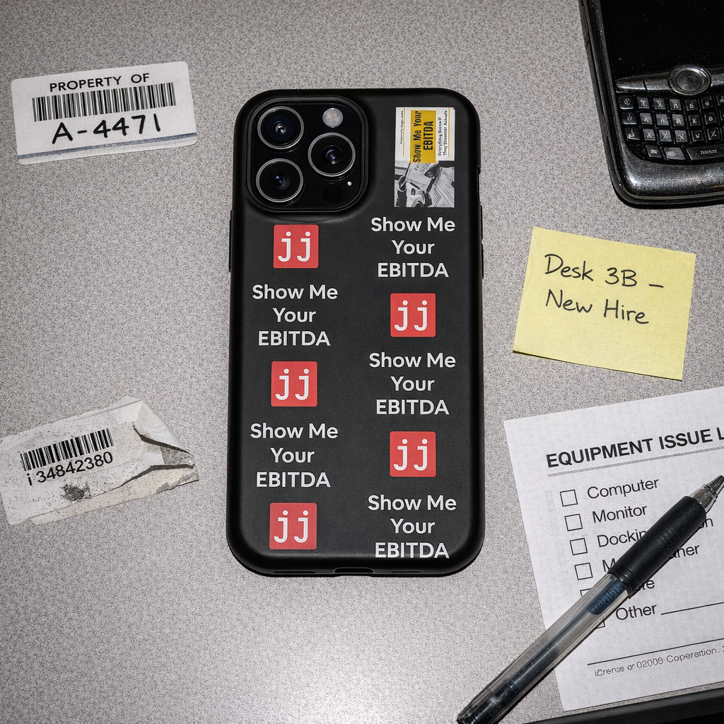 Black corporate humor phone case with 'Show Me Your EBITDA' text, perfect for finance professionals.