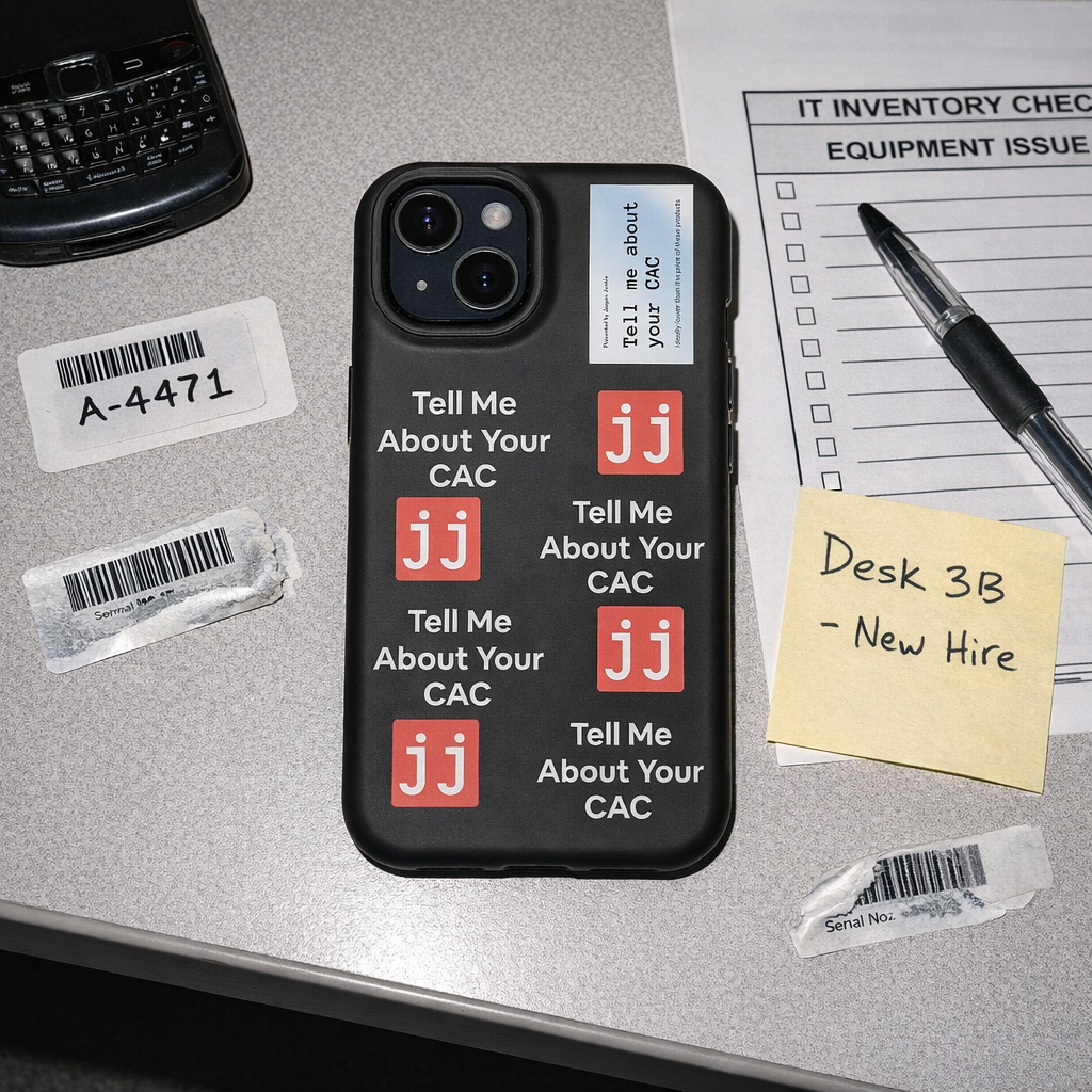 Jargon Junkie black iPhone case with Tell Me About Your CAC text and JJ logos on office desk with IT inventory form corporate humor phone accessory